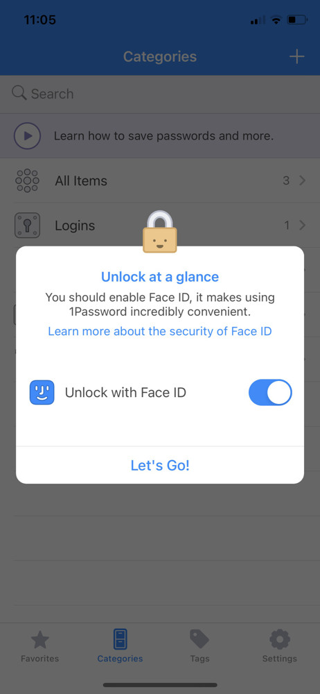 1Password Enable Face ID screenshot