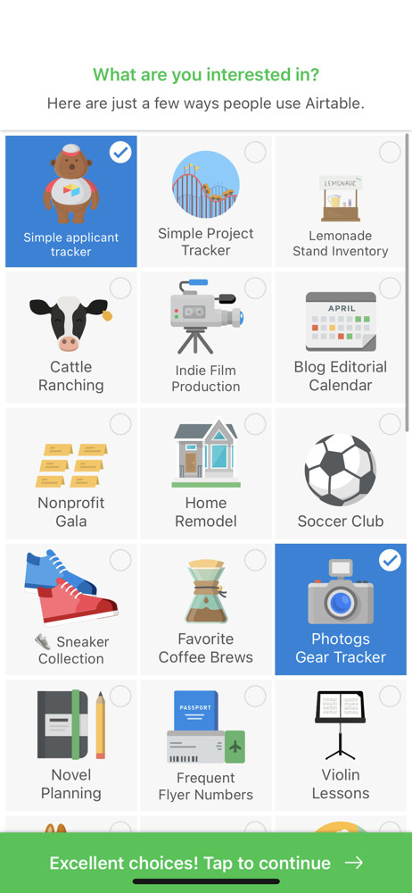 Airtable Select interests screenshot