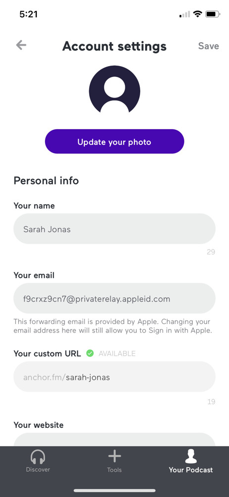 Anchor Account settings screenshot