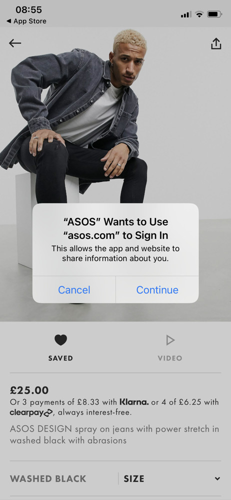 Asos Sign up prompt screenshot