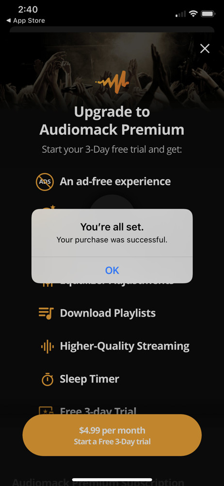 Audiomack Upgrade complete screenshot