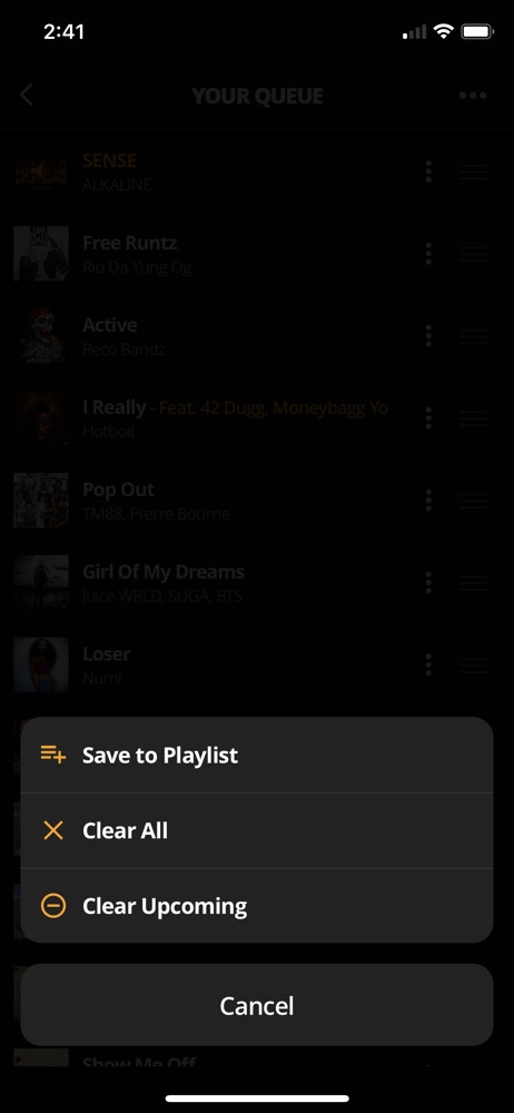 Audiomack Action menu screenshot
