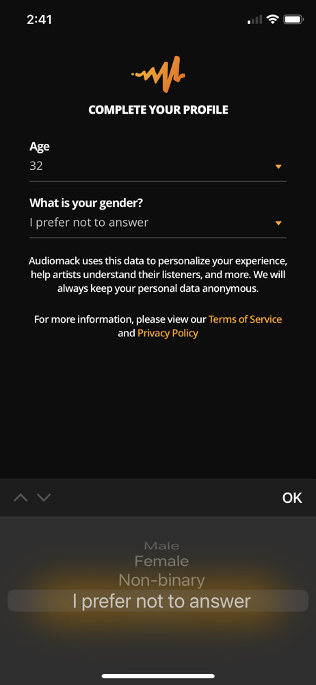 Audiomack Select gender screenshot