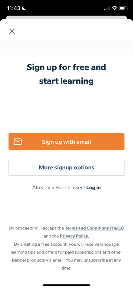 Babbel Sign up screenshot