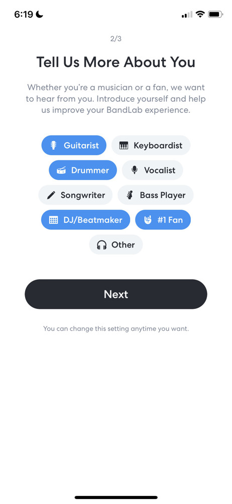 BandLab Select interests screenshot