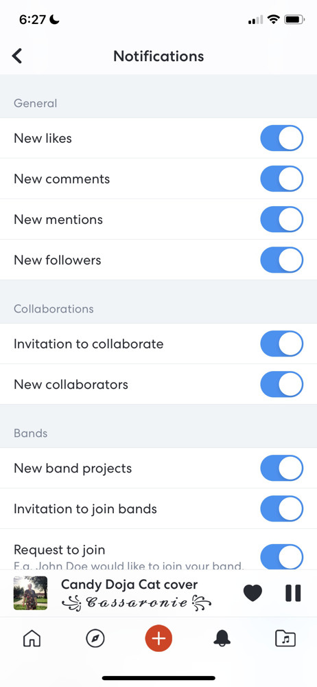 BandLab Notification settings screenshot
