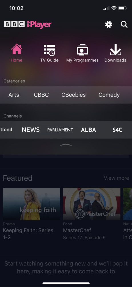 BBC iPlayer Navigation menu screenshot