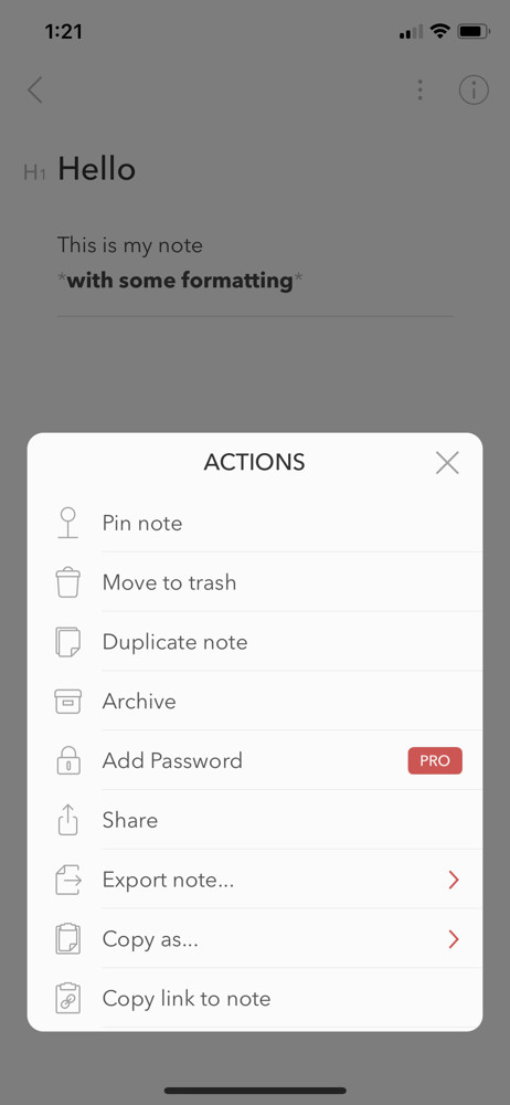 Bear notes Action menu screenshot