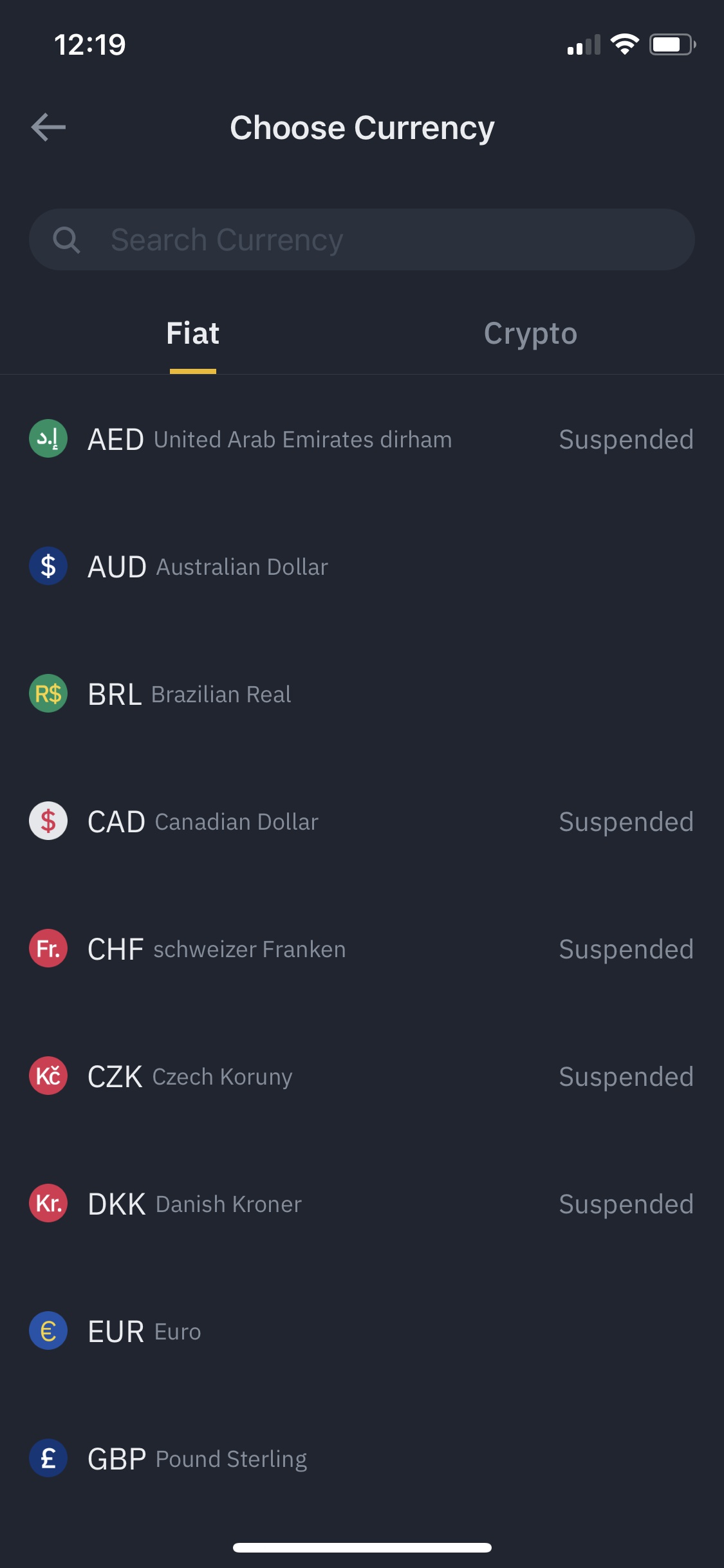 Screenshot of Binance - Select currency