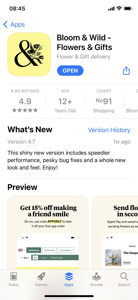 Bloom & Wild App store listing screenshot