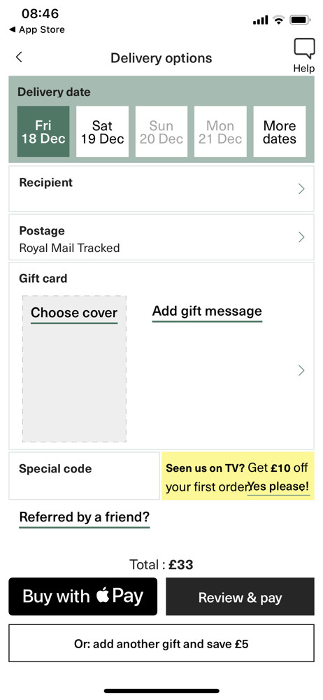 Bloom & Wild Delivery options screenshot