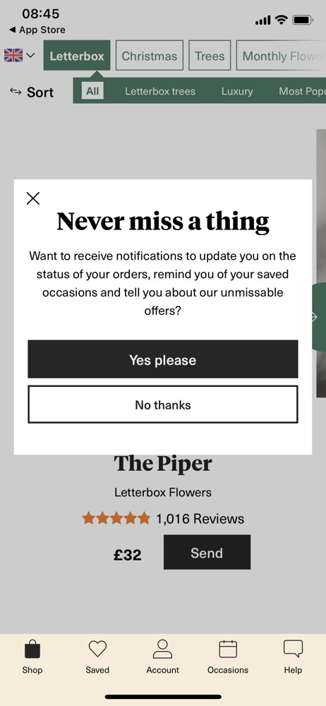Bloom & Wild Enable notifications screenshot