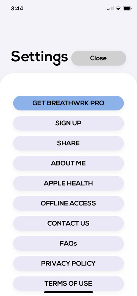 Breathwrk Settings screenshot