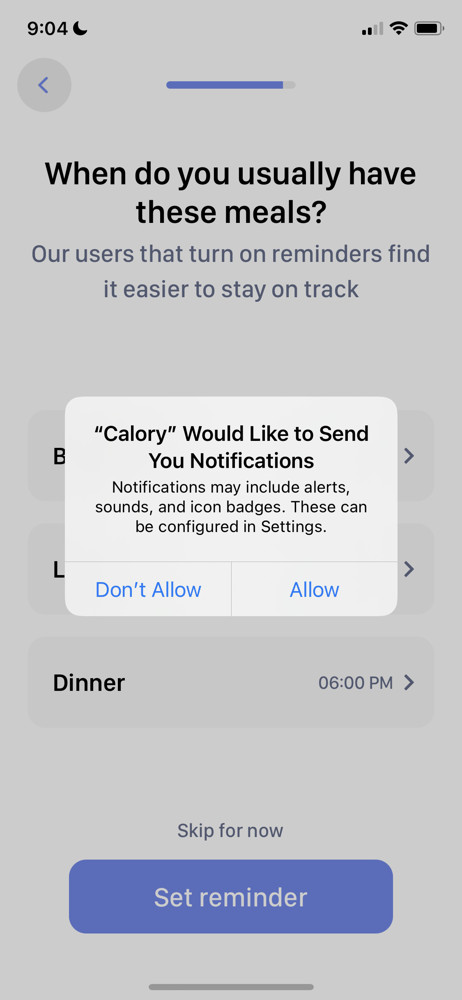 Calory Enable notifications screenshot
