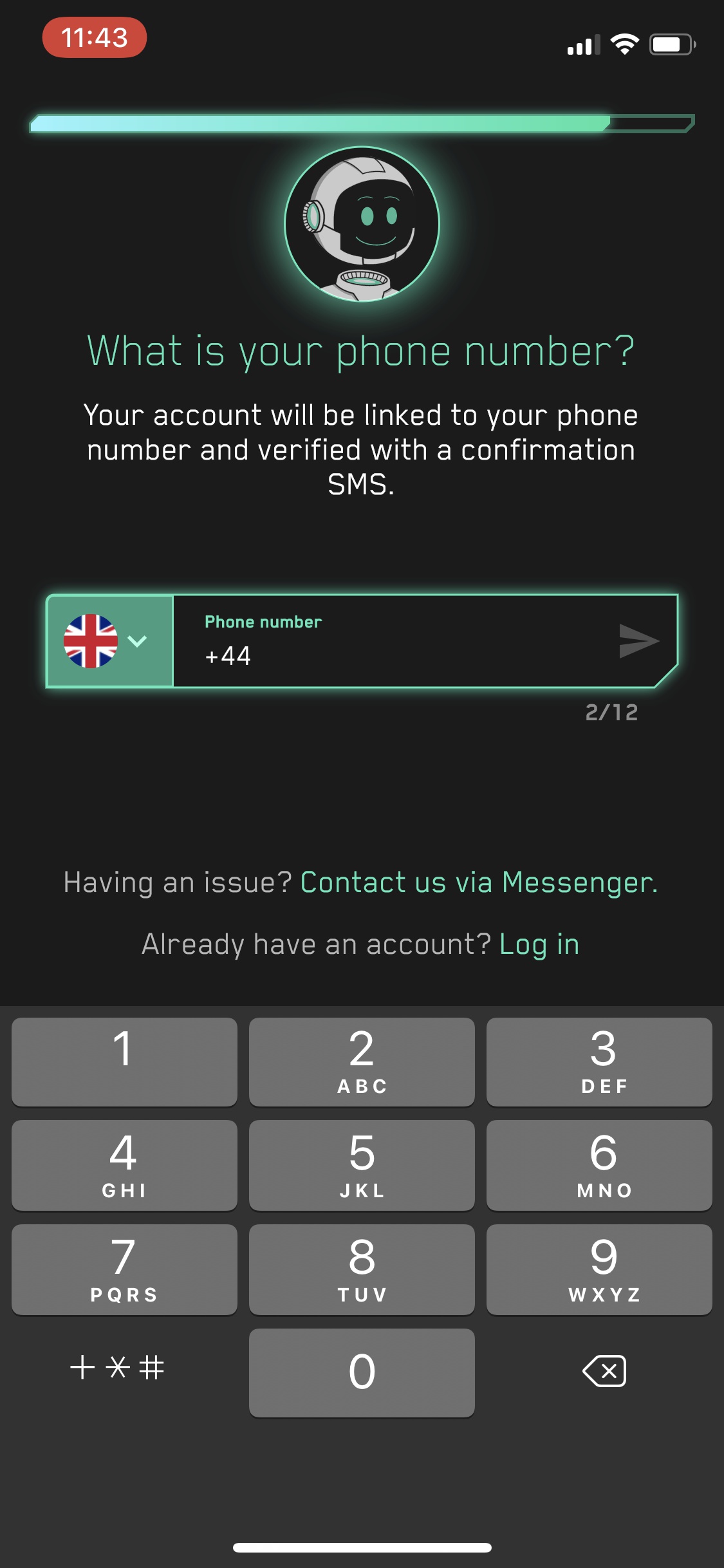Screenshot of Cash Coach - Set phone number