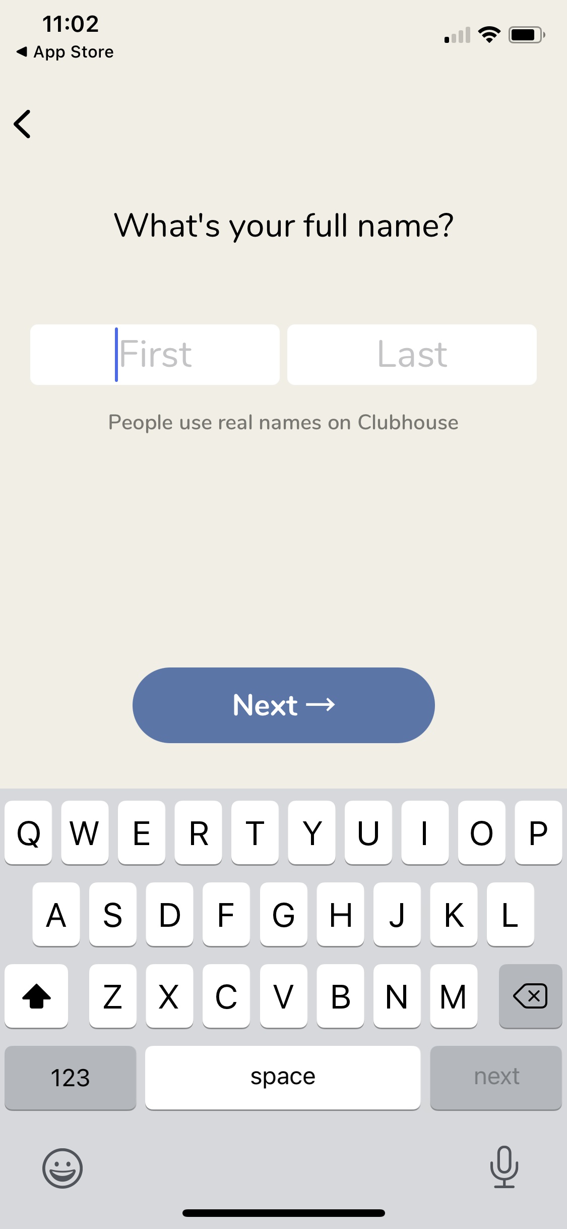 Screenshot of Clubhouse - Enter name
