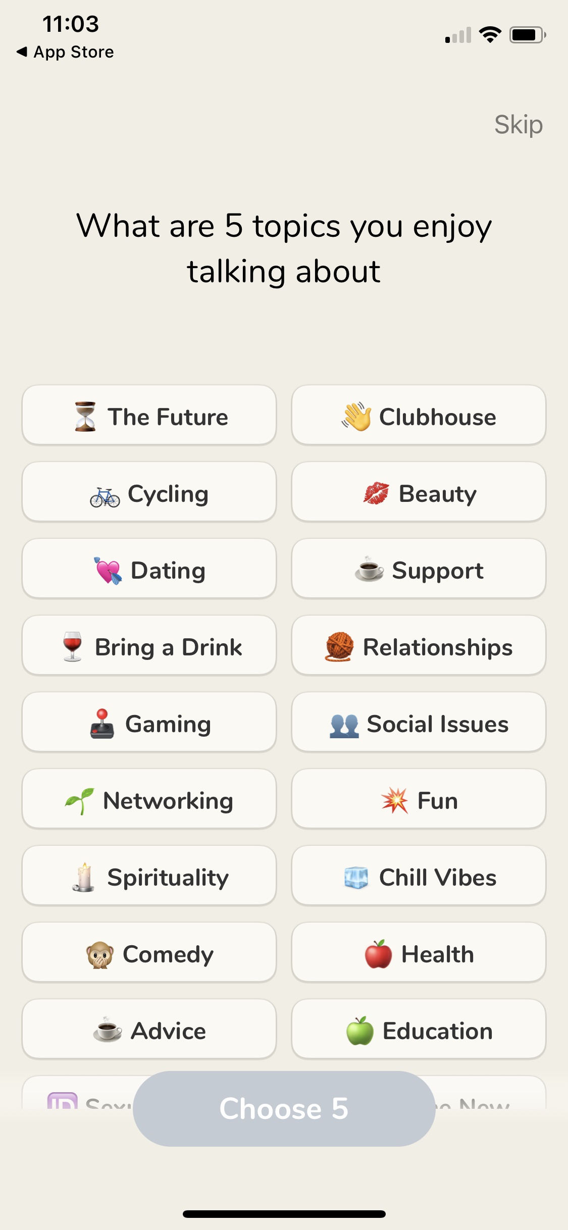 Screenshot of Clubhouse - Select interests