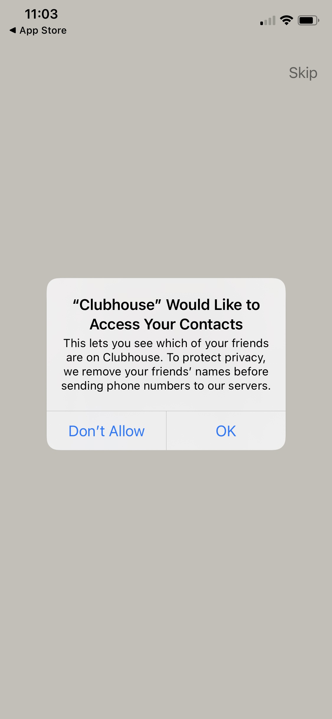 Screenshot of Clubhouse - Allow contact access