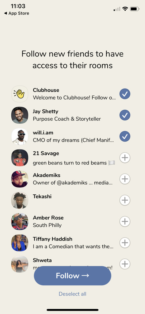 Clubhouse Follow people screenshot