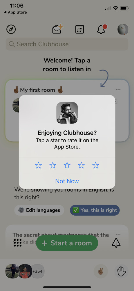 Clubhouse Feedback request screenshot