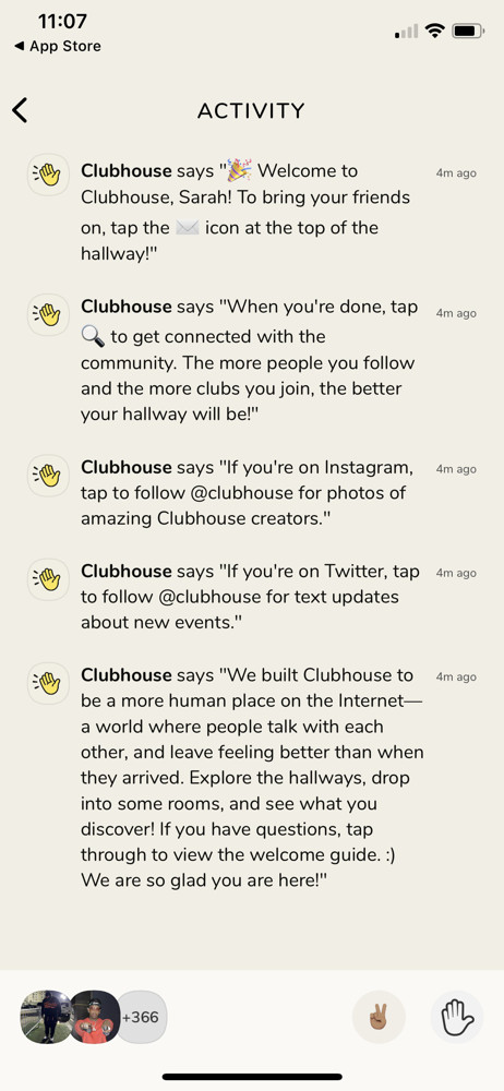 Clubhouse Activity feed screenshot