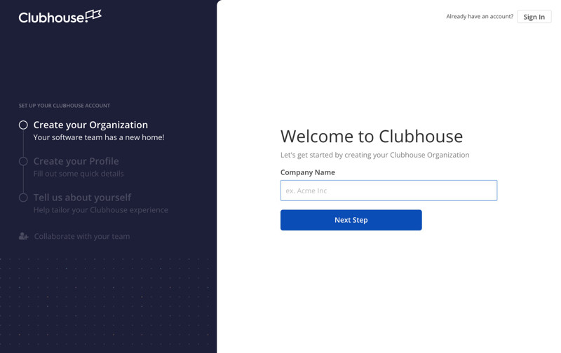 Clubhouse (now Shortcut) Enter company name screenshot