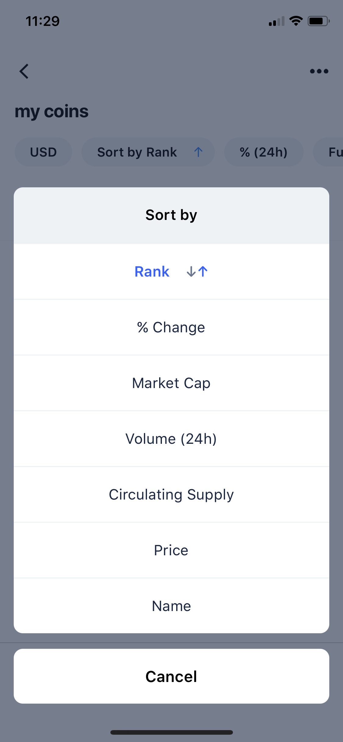 Screenshot of CoinMarketCap - Sort