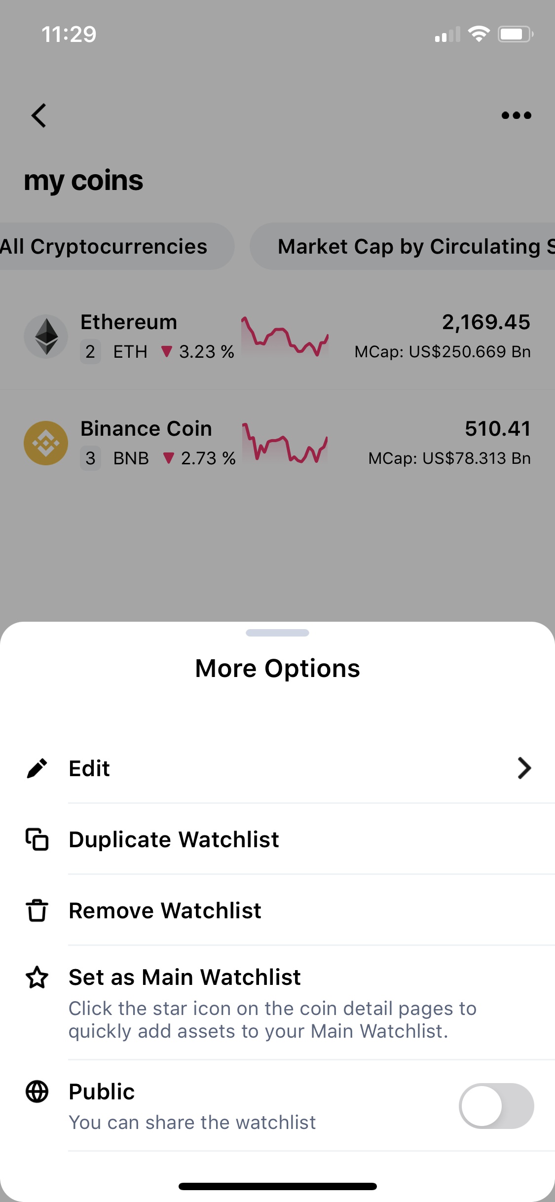Screenshot of CoinMarketCap - Options