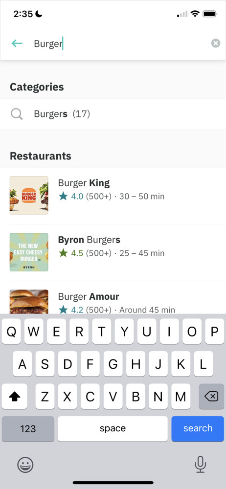 Deliveroo Search results screenshot