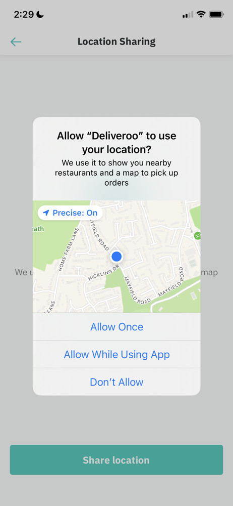 Deliveroo Enable location services screenshot