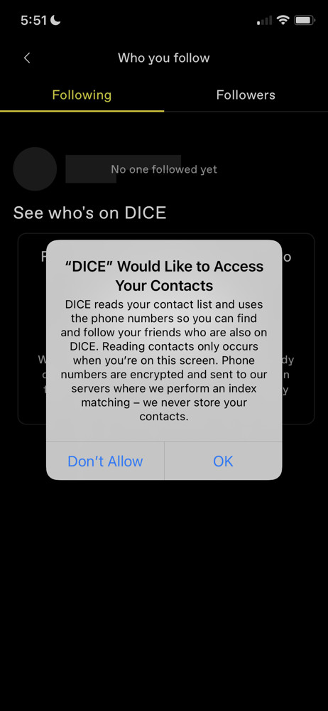 DICE Allow contact access screenshot