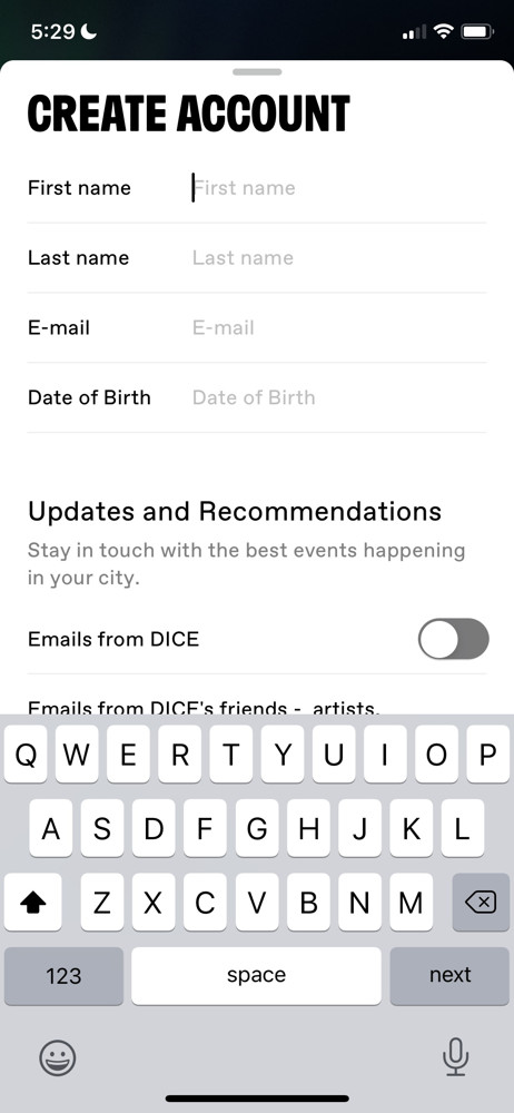 DICE Create account screenshot