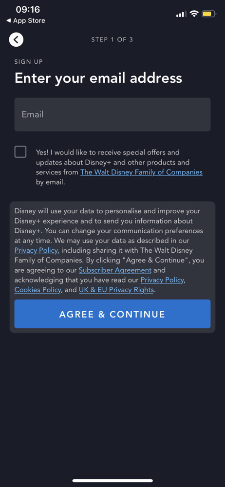 Disney+ Sign up screenshot