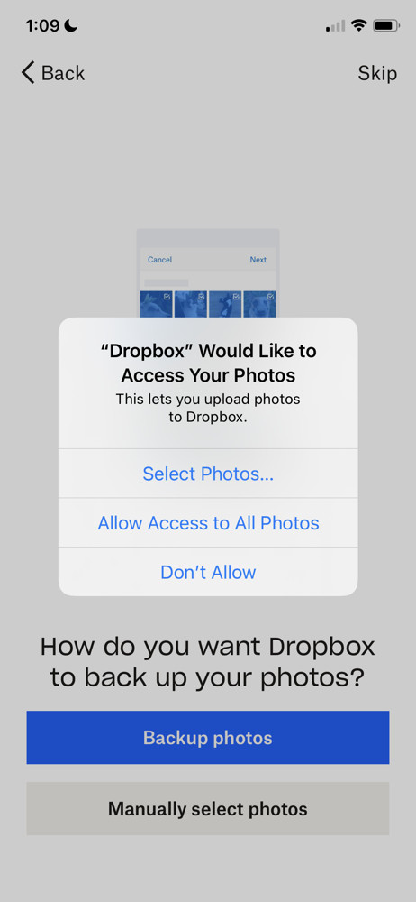 Dropbox Enable photo access screenshot