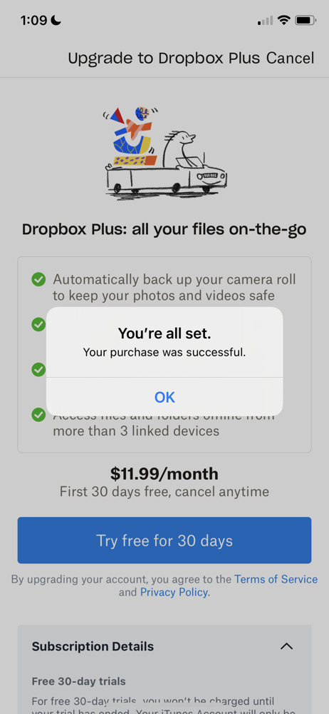 Dropbox Purchase successful screenshot