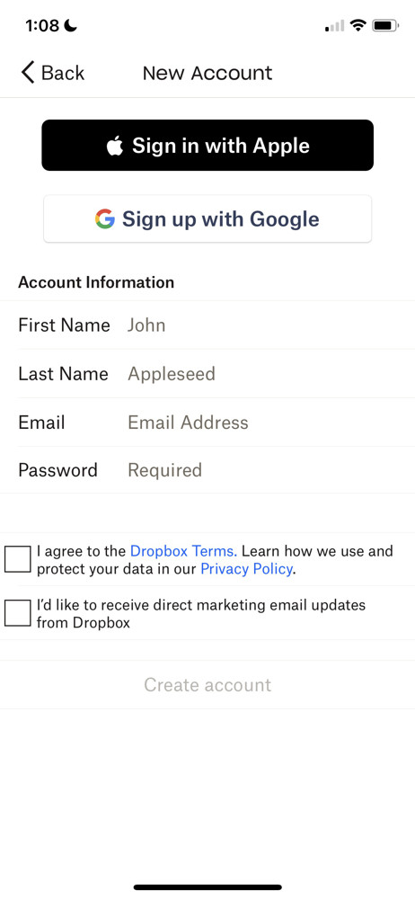 Dropbox Sign up screenshot