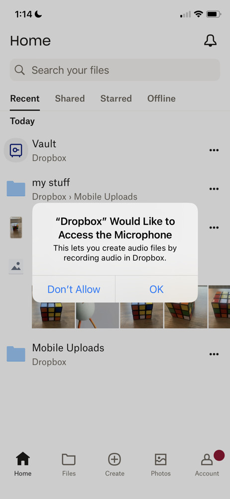 Dropbox Enable microphone screenshot