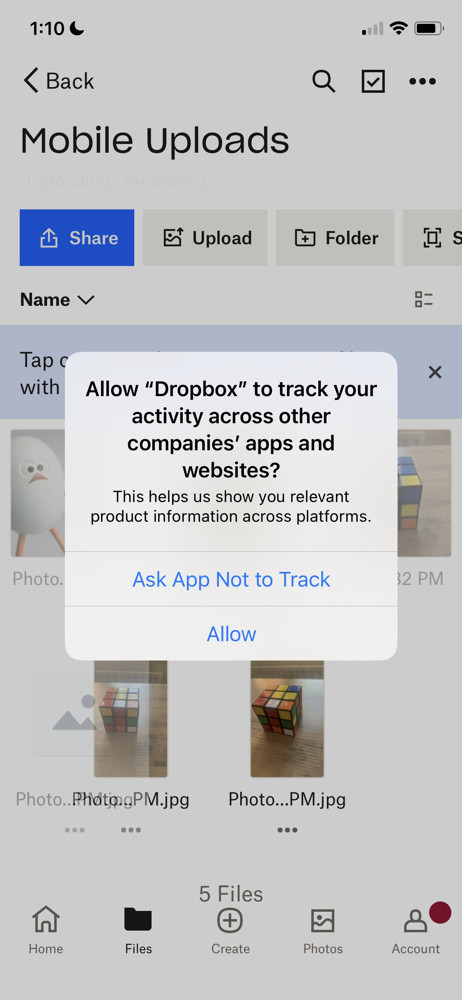 Dropbox Enable tracking screenshot