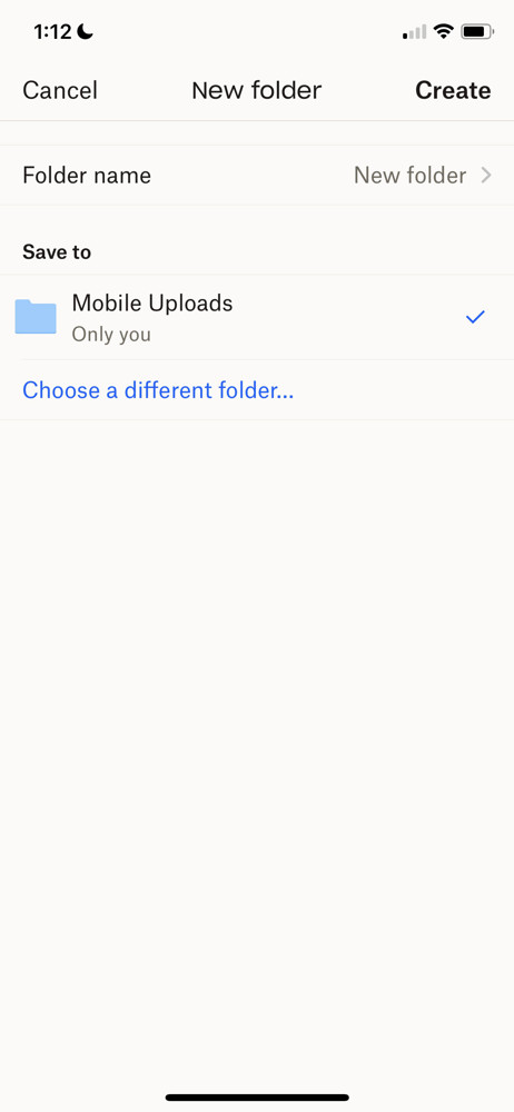 Dropbox Create folder screenshot