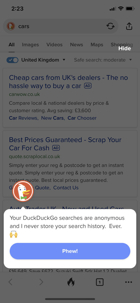 DuckDuckGo Guide tooltip screenshot