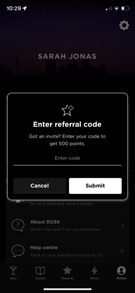 Dusk Enter referral code screenshot
