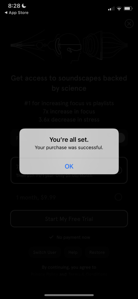 Endel Purchase successful screenshot