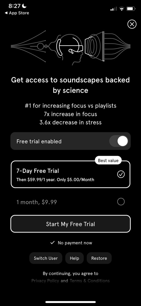 Endel Start trial screenshot