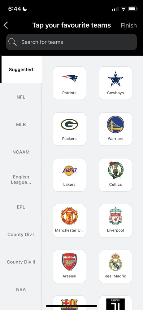 ESPN Select interests screenshot