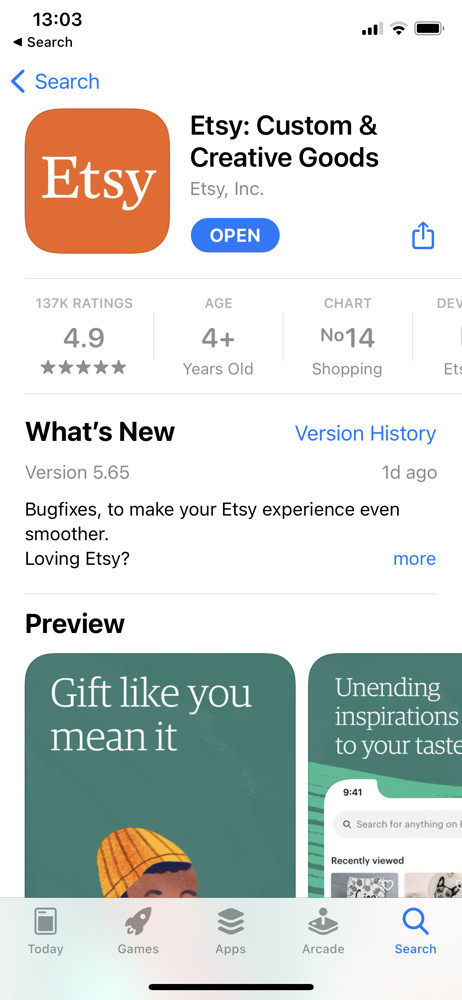Etsy App store listing screenshot
