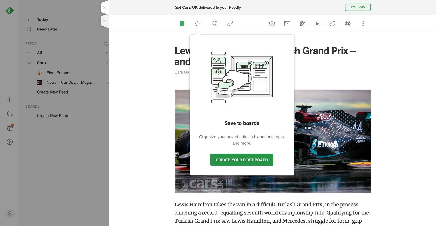 Screenshot of Feedly - Save to collection