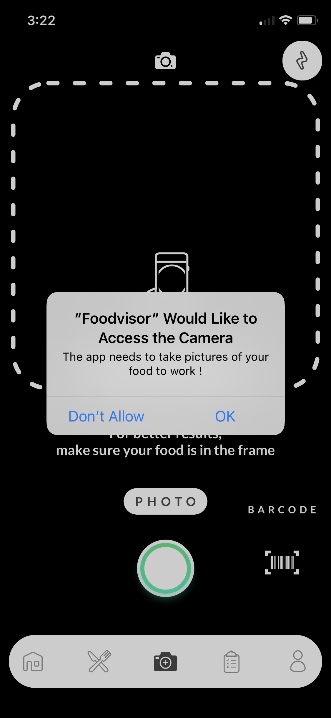 Screenshot of Foodvisor - Enable camera