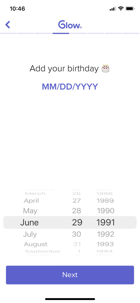Glow Date of birth screenshot