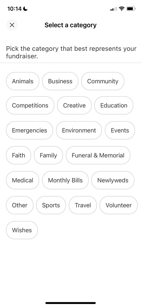 GoFundMe Select category screenshot