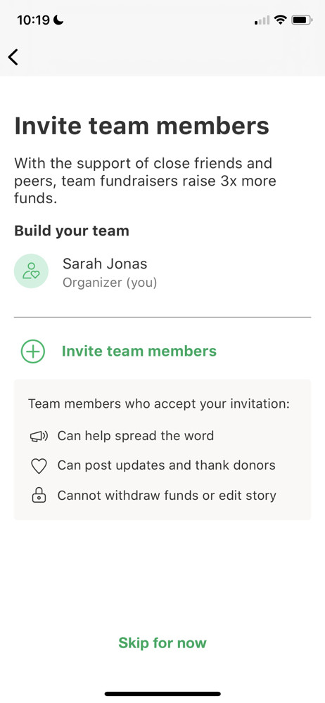 GoFundMe Invite teammates screenshot